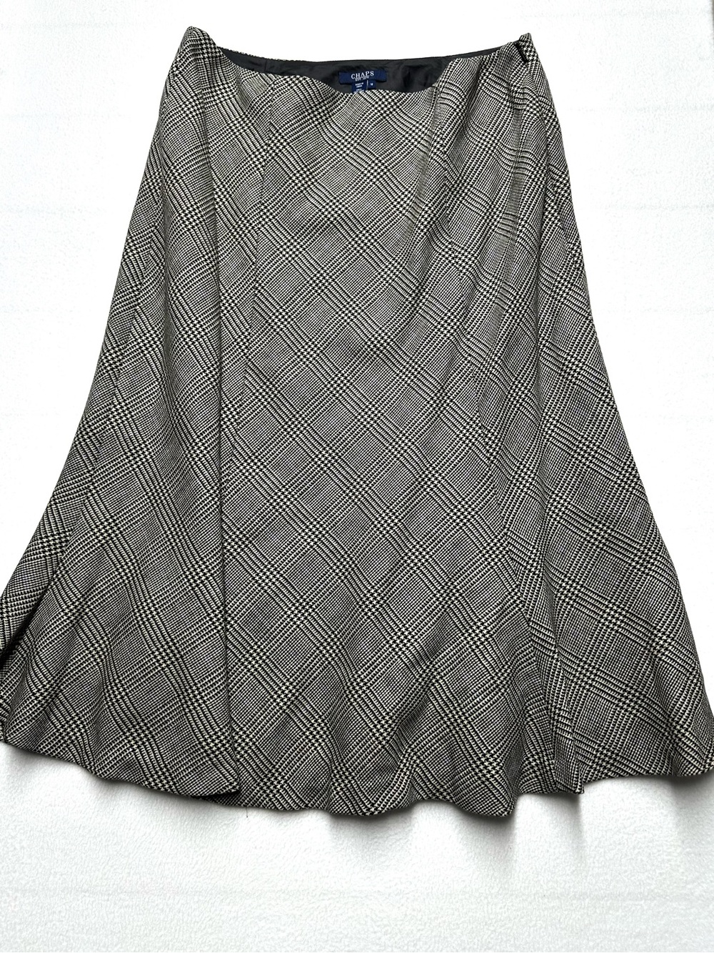 Chaps Wool Plaid A Line Midi Skirt Womens 12 Black White Flared
